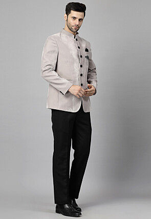 Embellished Velvet Blazer Set in Light Grey