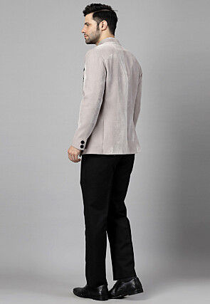 Embellished Velvet Blazer Set in Light Grey