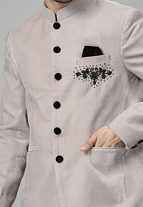 Embellished Velvet Blazer Set in Light Grey