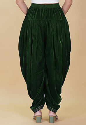 Embellished Velvet Dhoti in Dark Green