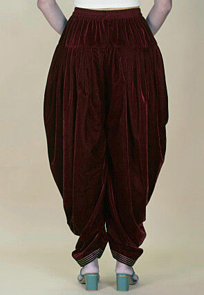 Embellished Velvet Dhoti in Maroon