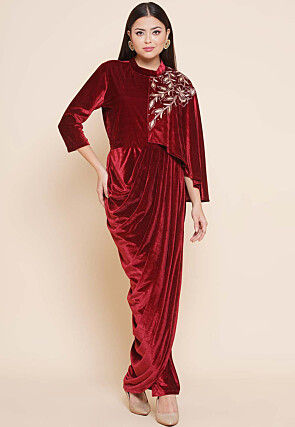 Embellished Velvet Gown in Maroon