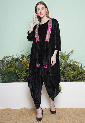 Embellished Velvet High Low Kurta Set in Black