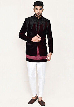 Embellished Velvet Jodhpuri Suit in Maroon