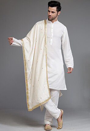 Embellished Velvet Mens Dupatta in Cream