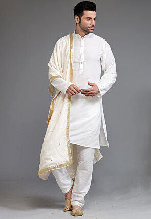 Embellished Velvet Mens Dupatta in Cream