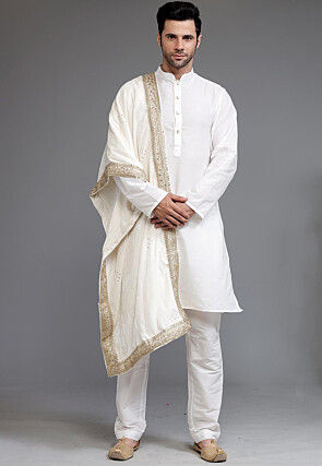 Embellished Velvet Mens Dupatta in Cream