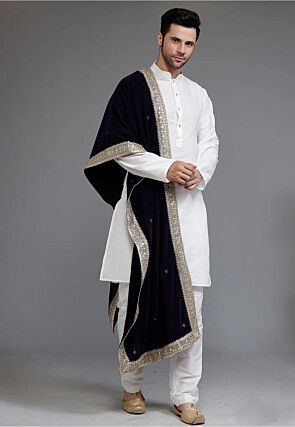 Embellished Velvet Mens Dupatta in Navy Blue