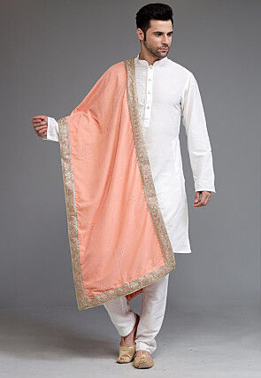 Embellished Velvet Mens Dupatta in Peach