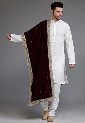 Embellished Velvet Mens Dupatta in Wine