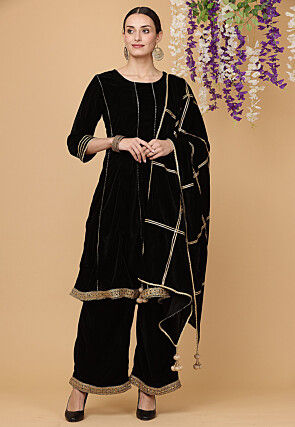 Embellished Velvet Pakistani Suit in Black