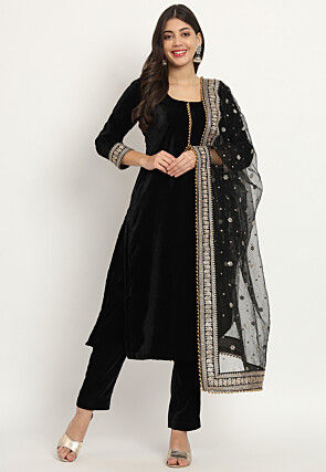 Embellished Velvet Pakistani Suit in Black