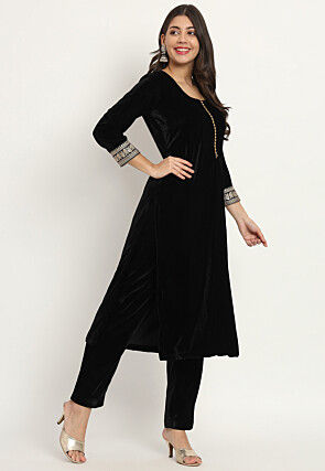 Embellished Velvet Pakistani Suit in Black