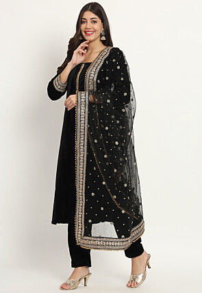 Embellished Velvet Pakistani Suit in Black