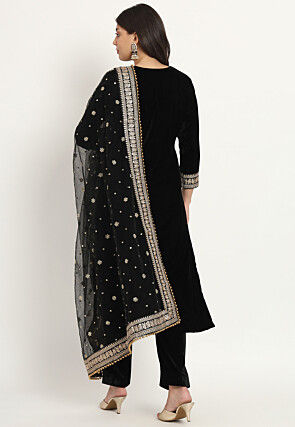 Embellished Velvet Pakistani Suit in Black