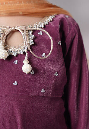 Embellished Velvet Pakistani Suit in Purple