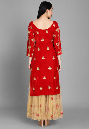Embellished Velvet Pakistani Suit in Red