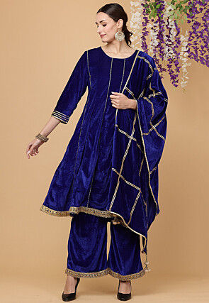 Embellished Velvet Pakistani Suit in Royal Blue