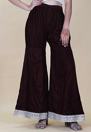 Embellished Velvet Palazzo in Dark Brown