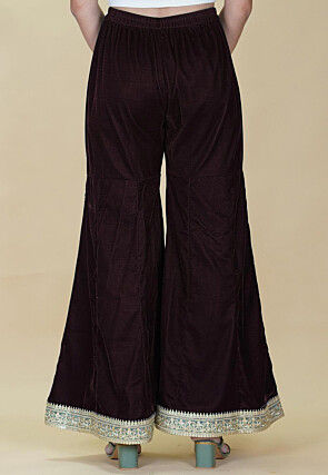Embellished Velvet Palazzo in Dark Brown