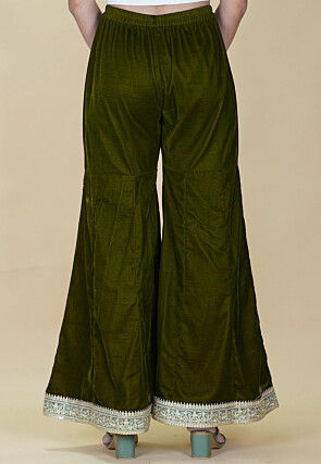 Embellished Velvet Palazzo in Olive Green