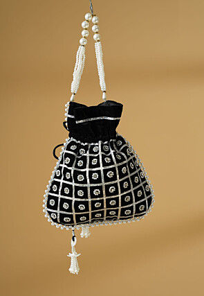 Embellished Velvet Potli Bag in Black