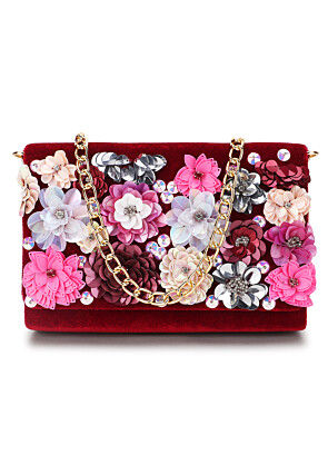 Embellished Velvet Rectangular Clutch Bag in Maroon