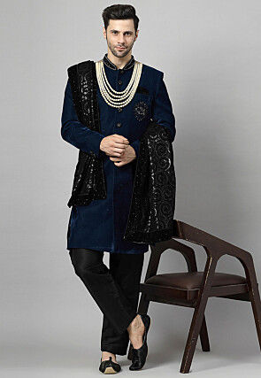 Embellished Velvet Sherwani in Teal Blue