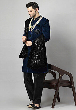 Embellished Velvet Sherwani in Teal Blue