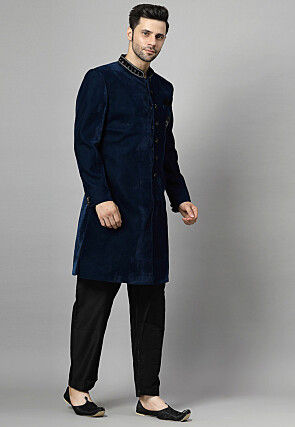 Embellished Velvet Sherwani in Teal Blue