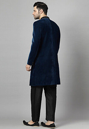 Embellished Velvet Sherwani in Teal Blue