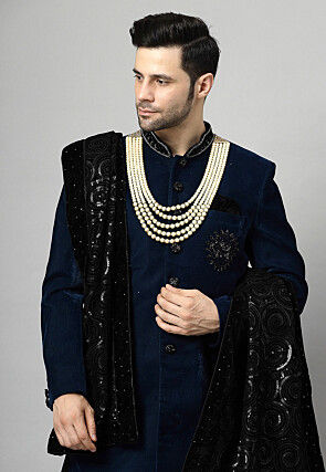 Embellished Velvet Sherwani in Teal Blue