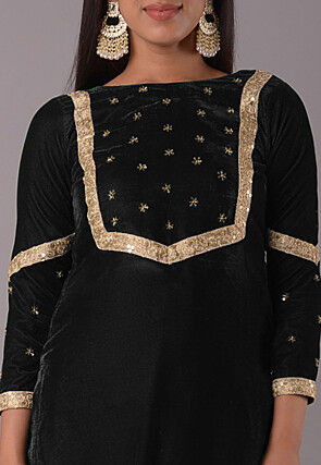 Embellished Velvet Straight Kurta Set in Black