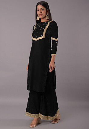 Embellished Velvet Straight Kurta Set in Black