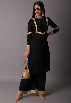 Embellished Velvet Straight Kurta Set in Black