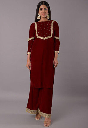 Embellished Velvet Straight Kurta Set in Maroon