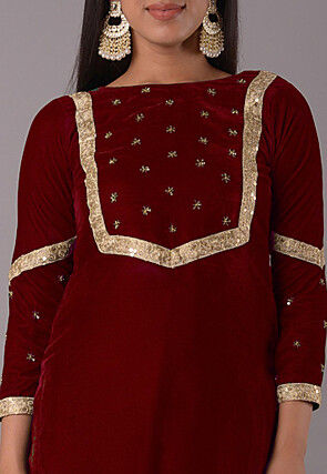 Embellished Velvet Straight Kurta Set in Maroon