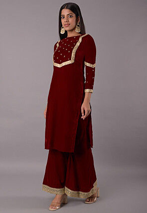 Embellished Velvet Straight Kurta Set in Maroon