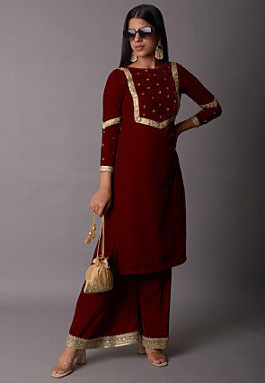 Embellished Velvet Straight Kurta Set in Maroon
