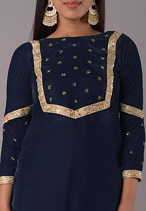 Embellished Velvet Straight Kurta Set in Navy Blue
