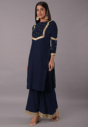 Embellished Velvet Straight Kurta Set in Navy Blue