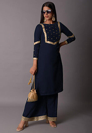 Embellished Velvet Straight Kurta Set in Navy Blue