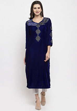 Embellished Velvet Straight Kurta Set in Royal Blue