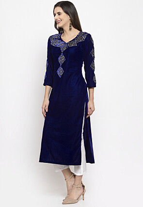 Embellished Velvet Straight Kurta Set in Royal Blue