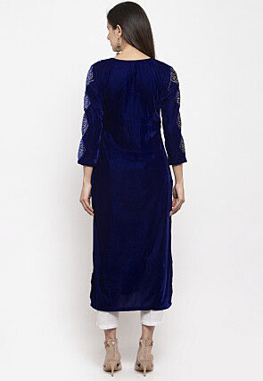 Embellished Velvet Straight Kurta Set in Royal Blue