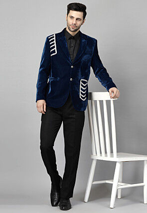 Embellished Velvet Suit Set in Teal Blue