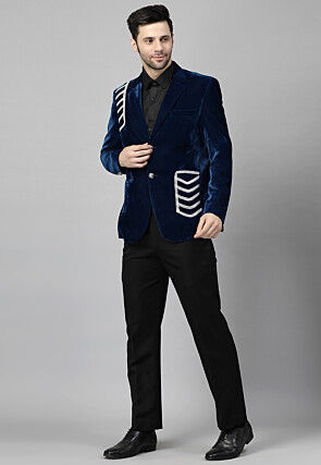 Embellished Velvet Suit Set in Teal Blue