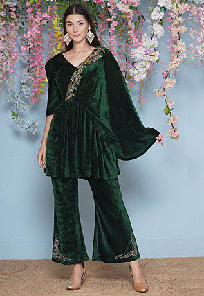 Embellished Velvet Tunic Set in Green