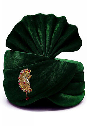 Embellished Velvet Unisex Turban in Dark Green