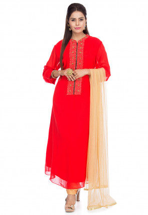 Embellished Viscose Georgette Straight Suit in Red